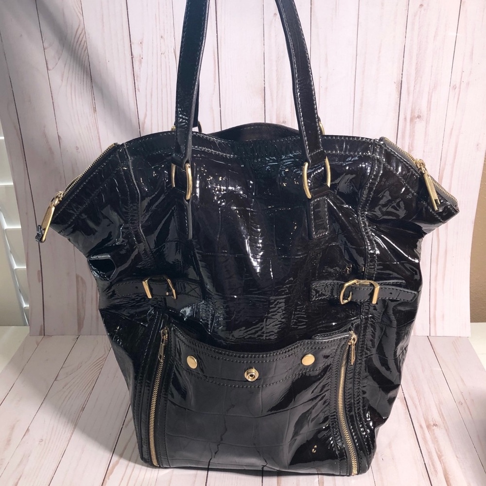 Authentic YSL Patent Leather Downtown Tote, Brown